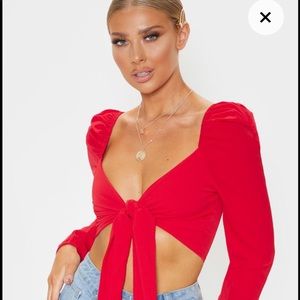 Red Pebble Crepe Puff Long Sleeve Tie Crop Blouse